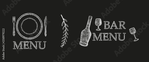 Titles for menu sections. Style of inscription of menu and bar menu. Labels for the menu. Cutlery, plate, glass, bottle.