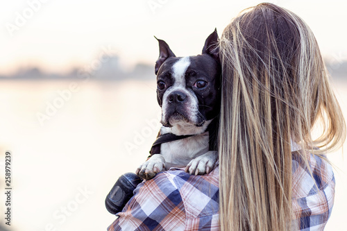 Beautiful girl holding on her hands boston terrier black and white dog on sandy beach near the river photo