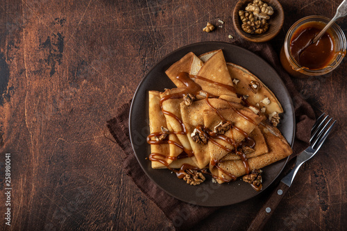 crepes with salted caramel and nuts photo