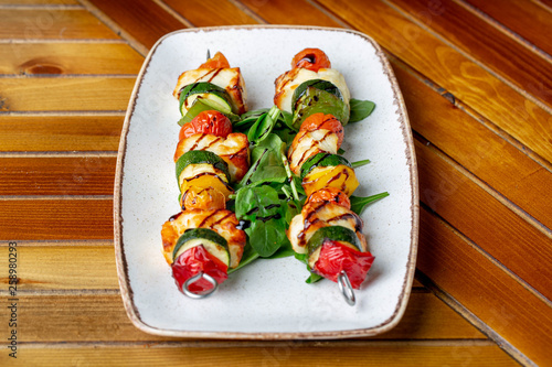 Homemade natural and healthy hallumi chicken pepper skewers  