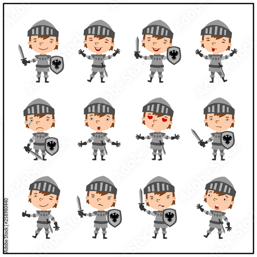 Set of different boy knight poses in cartoon style isolated on white background.