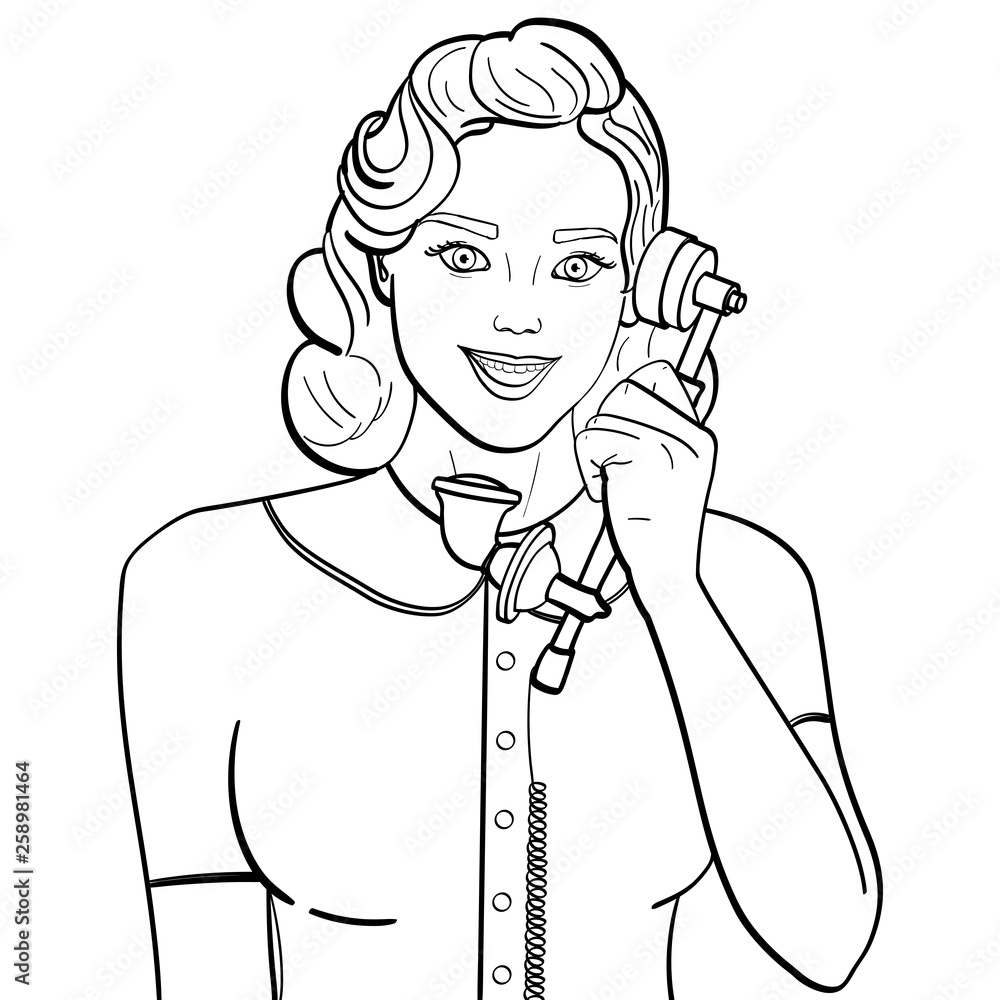 isolated object coloring, black lines, white background. Retro girl, brunette talking on old phone. Comic style, raster isolated object coloring, black lines, white background. Retro girl, brunette talking on old phone. Comic style, raster