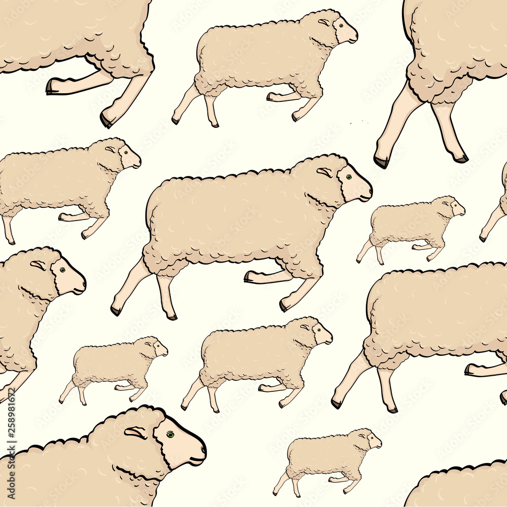 Fototapeta premium Seamless color cute sheep pattern. Raster childish background