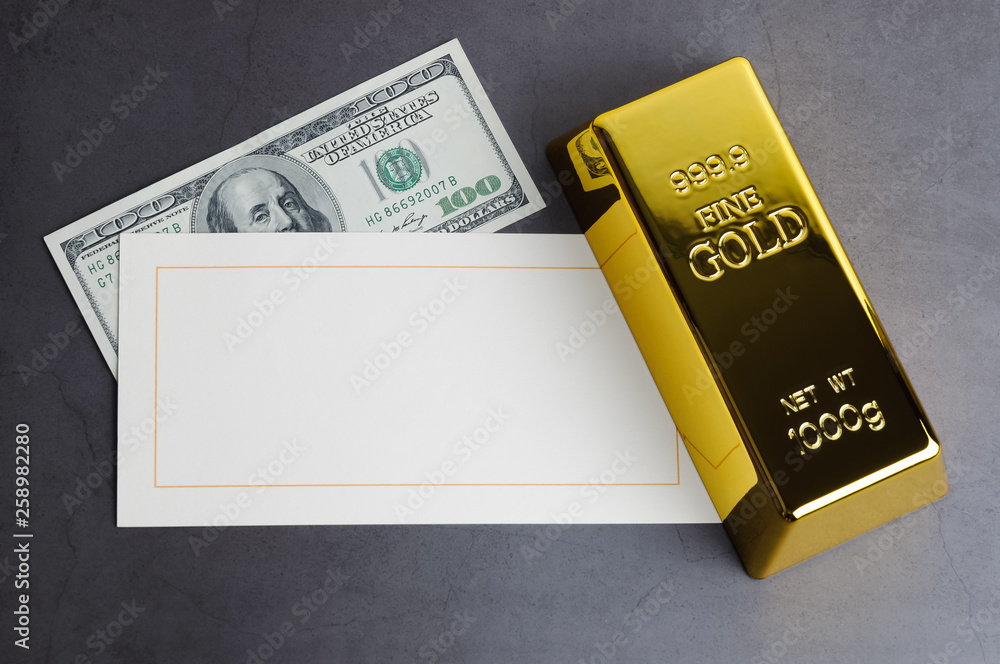 Gold bar ingot bullion dollar bill and greeting card. Gold bar ingot bullion dollar bill and greeting card.
