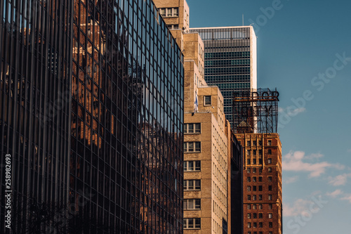 Close-up view of old and modern skyscrapers in Tudor City Midtown Manhattan New York City