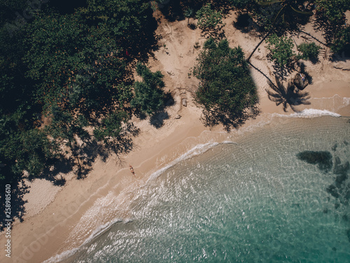 Aerial view of lying woman on the beach . Young woman on the sea. Phuket. Thailand. Top view. Seascape with girl on the seashore  blue water and waves. Travel