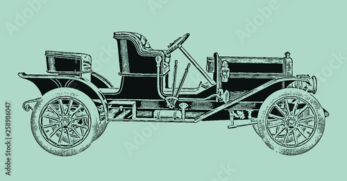 Vintage three-passenger roadster car in side view. Illustration after a lithography or engraving from the early 20th century. Editable in layers