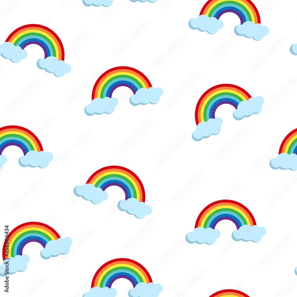 Vector seamless pattern with rainbow and clouds on white background. Cute  endless background with cartoon flat weather icons for print, cover, Kid  design. Stock Vector | Adobe Stock