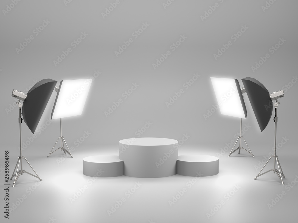 White pedestal for display,Platform for design,Blank product stand with SoftBox Light. 3D rendering - obrazy, fototapety, plakaty 