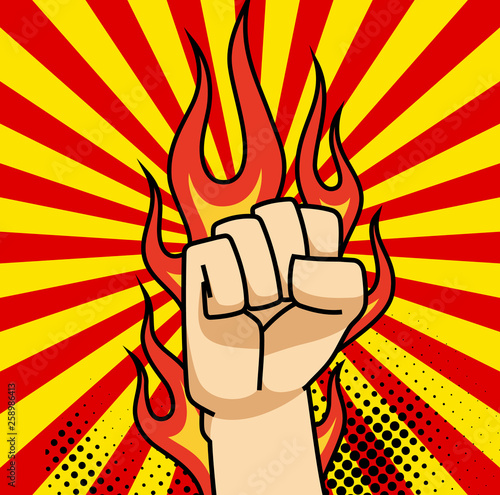 A pop art cartoon comics poster with fist and explosion bubble on comic background.