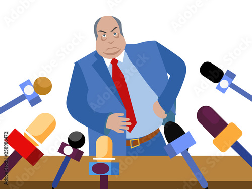 Bad politician, corrupt official gives interviews to journalists. In minimalist style. Flat isometric vector isolated on white background