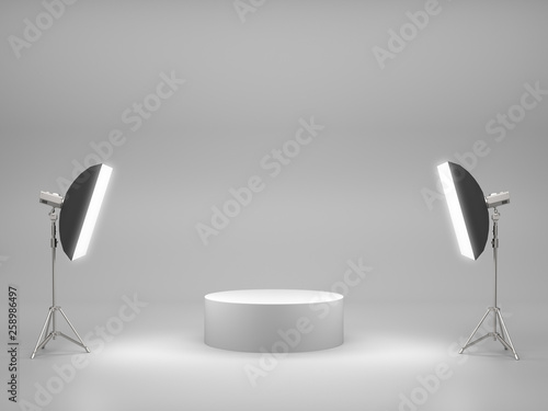 White pedestal for display,Platform for design,Blank product stand with SoftBox Light. 3D rendering
