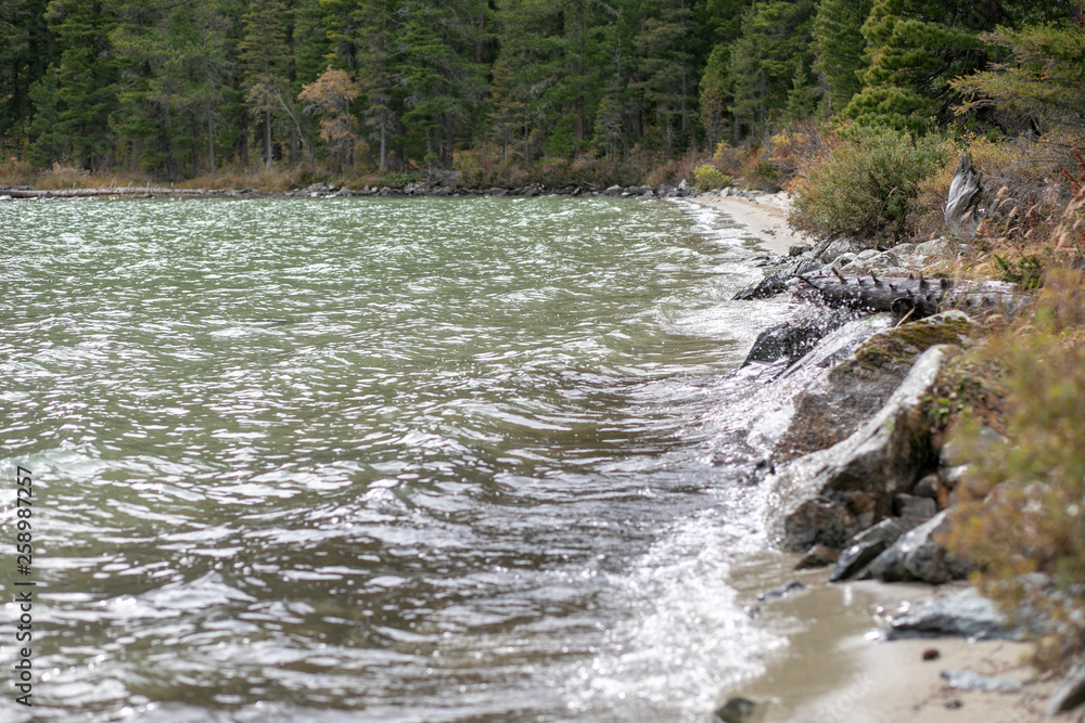 Mountain lake in spruce forest on a background of blue sky Mountain lake in spruce forest on a background of blue sky