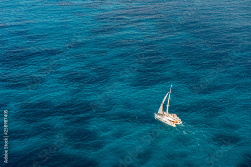 High angle view of sailing boat on sea