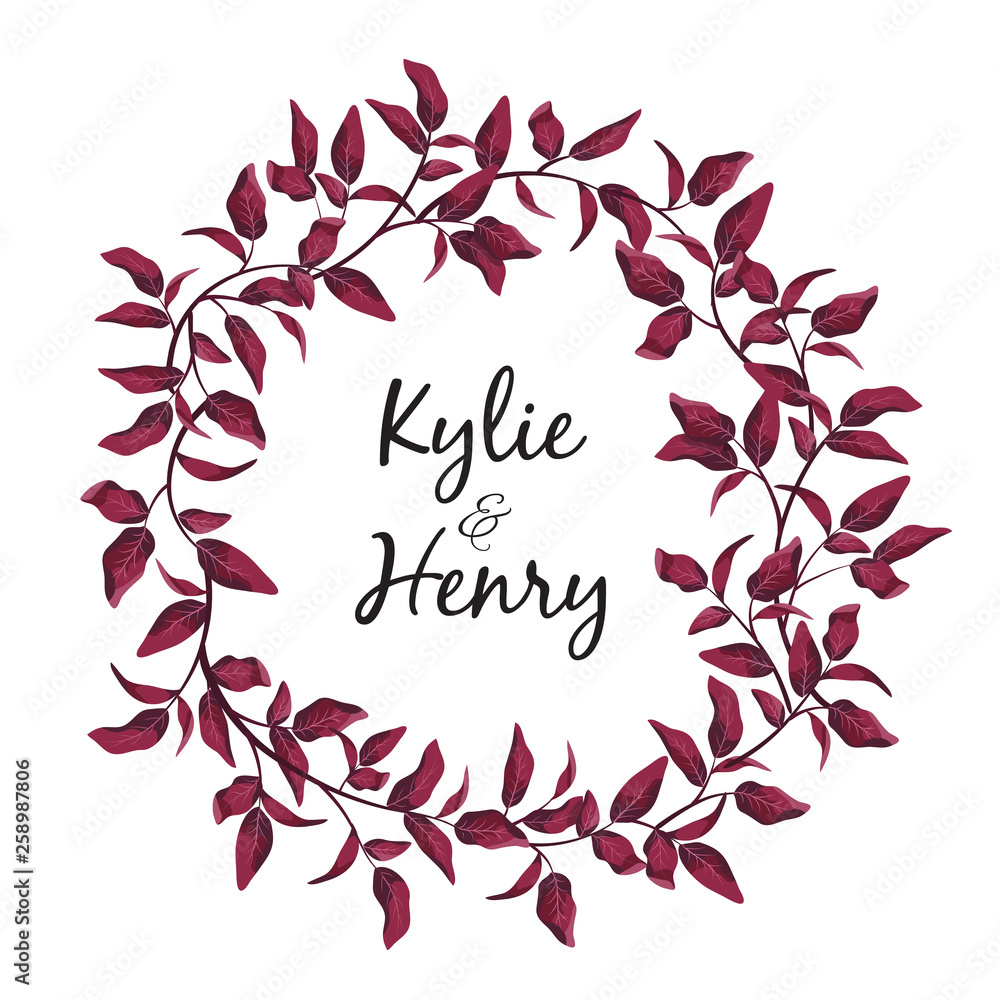 Vector illustration. Botanical wreath of red (burgundy) branches and leaves. Spring mood. Wedding design elements. Perfect for invitations, greeting cards, prints, posters, packing Vector illustration. Botanical wreath of red (burgundy) branches and leaves. Spring mood. Wedding design elements. Perfect for invitations, greeting cards, prints, posters, packing