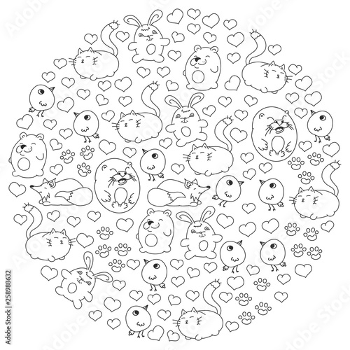 Vector set of beautiful round icons in the form of wild animals for children and design, print, cat ,bear, fox, bird ,hare or rabbit. Round animals with caption on white background