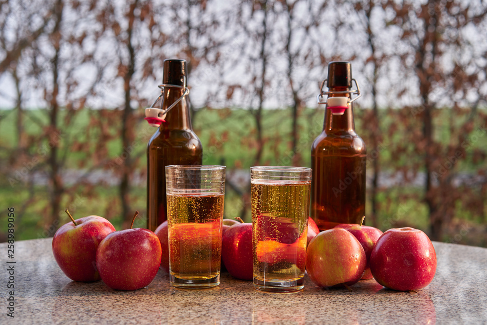 Still life picture on two glasses or jars full of organic sparkling apple cider and two rustic bottles, red riped apples on stone table around in the garden restaurant during summer sunny evening. Still life picture on two glasses or jars full of organic sparkling apple cider and two rustic bottles, red riped apples on stone table around in the garden restaurant during summer sunny evening.