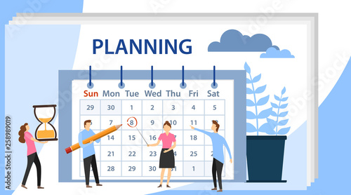 Planning schedule concept banner with characters. Planning and work process organization. Team working together planning