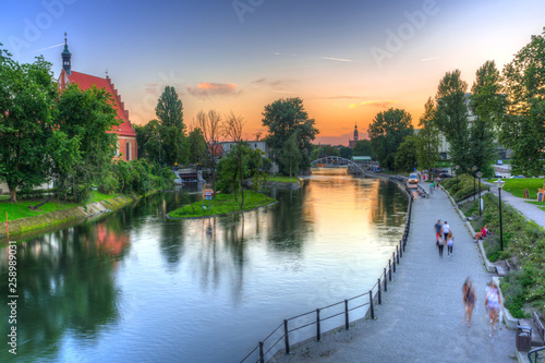 Sunset over the Brda river in Bydgoszcz at sunset, Poland