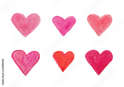 Set of watercolor hearts in red shades