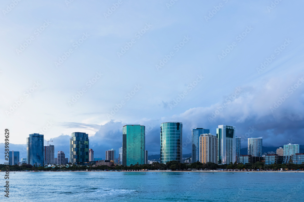 USA, Hawaii, Oahu, Honolulu, Ala Moana Beach at blue hour USA, Hawaii, Oahu, Honolulu, Ala Moana Beach at blue hour