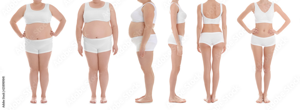 Overweight woman on white background, closeup. Weight loss - obrazy, fototapety, plakaty 