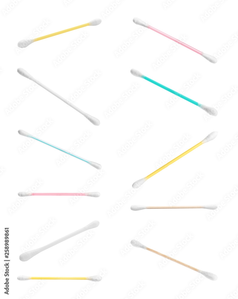Set of clean cotton swabs on white background Set of clean cotton swabs on white background