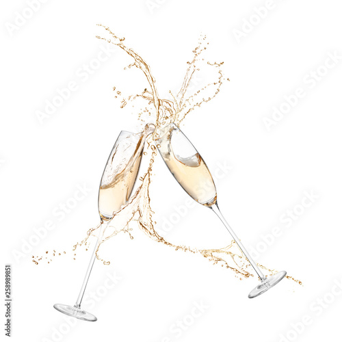 Glasses of champagne clinking together and splashing on white background