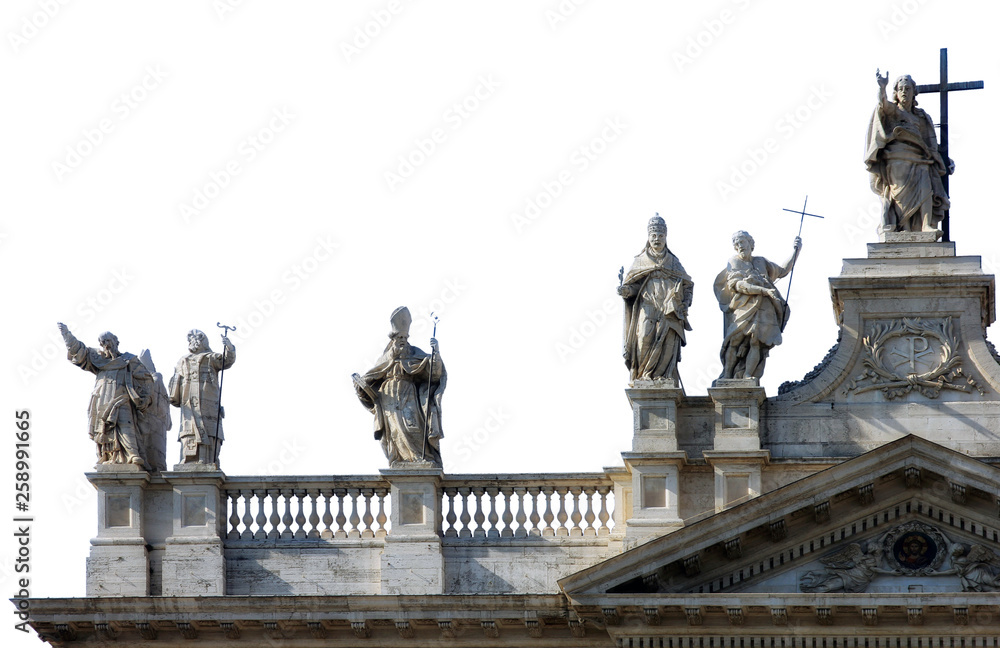 facade of beautiful old medieval Italian Catholic Cathedral in classical style with marble statues on cruse isolated on white background