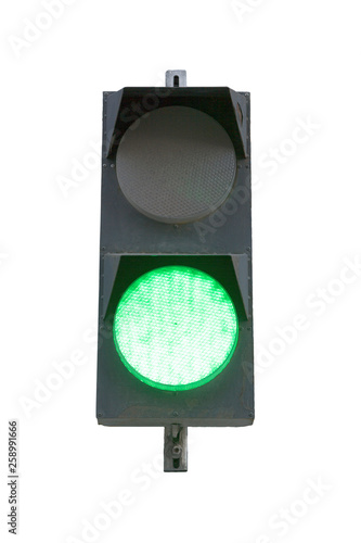 green traffic lights near entrance to underground parking isolated on white background closeup photo