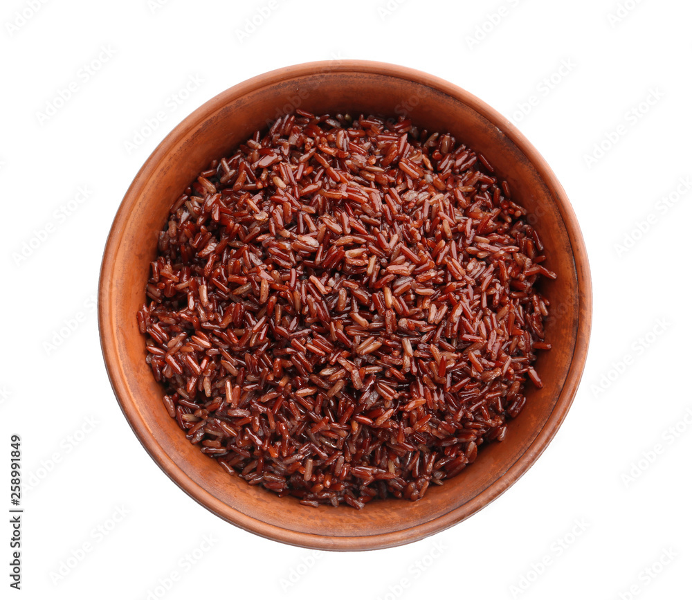 Bowl of cooked brown rice isolated on white, top view Bowl of cooked brown rice isolated on white, top view