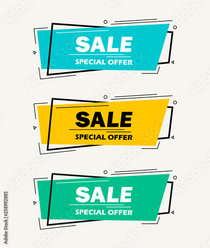 Super Sale and special offer. 50 off. Vector illustration. Trendy neon geometric figures wallpaper in a modern material design style. Coloured banner