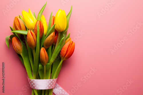 Spring flowers - a bouquet of colorful tulips on a pink background © digieye