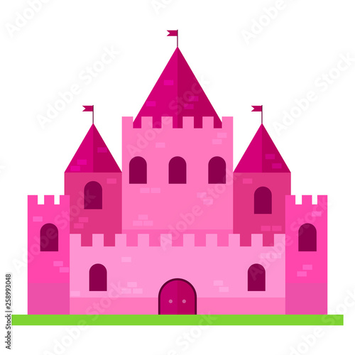 Cute pink castle flat design. Vector illustration.