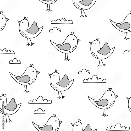 Lovely birds pattern design with clouds - funny hand drawn doodle, seamless p...