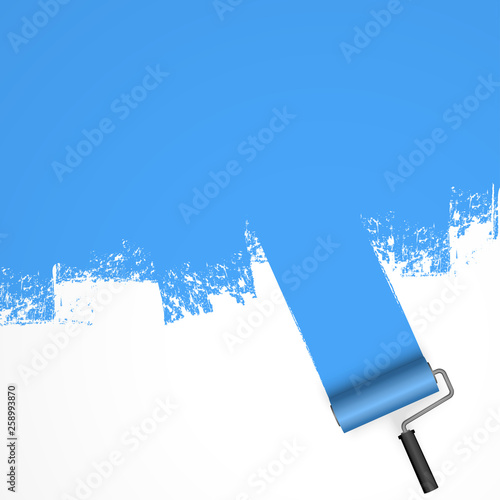 EPS 10 vector illustration isolated on white background with paint roller and painted marking colored blue