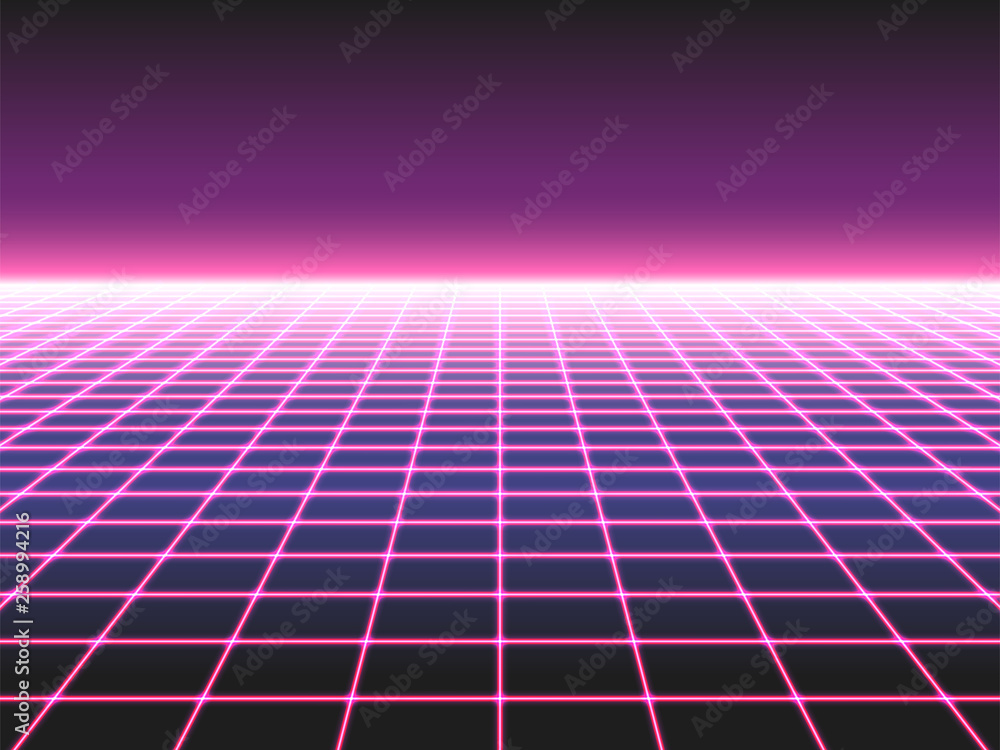 Retro futuristic neon grid background, 80s design perspective distorted  plane landscape composed of crossed neon lights ol laser beams, synthwave  or retro wave styled vector illustration Stock Vector | Adobe Stock
