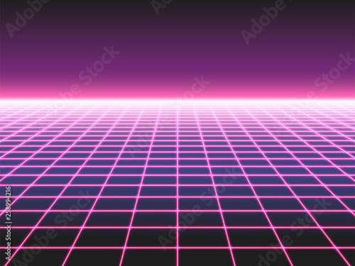 Retro futuristic neon grid background, 80s design perspective distorted plane landscape composed of crossed neon lights ol laser beams, synthwave or retro wave styled vector illustration