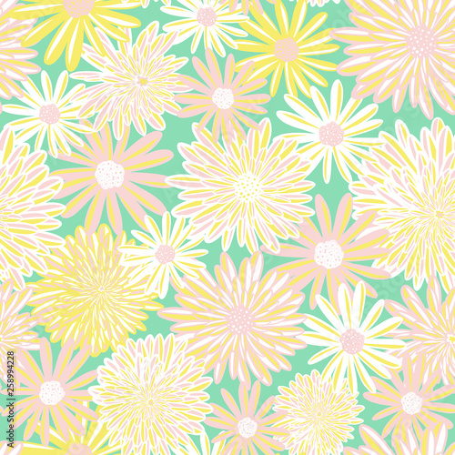 Spring flowers seamless vector pattern. Pink yellow white Daisy and Aster flowers on green background. Contemporary seasonal floral repeat tile. Hand drawn spring summer design for fabric, decor