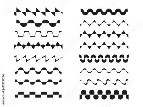 A set various zigzag patterns, wavy, sinusoidal or rickrack repeatable border lines,  horizontally seamless geometrical zig zag design elements photo