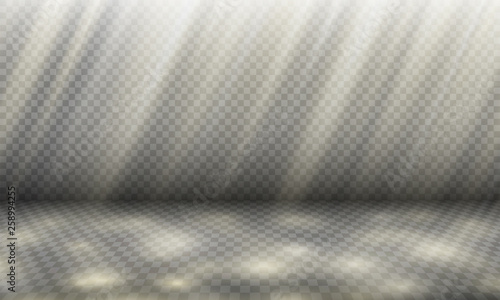 Sunny day background template, shade and light vector illustration, sunlight rays with sun spots on a plane of ground surface with perspective, 3D light effect
