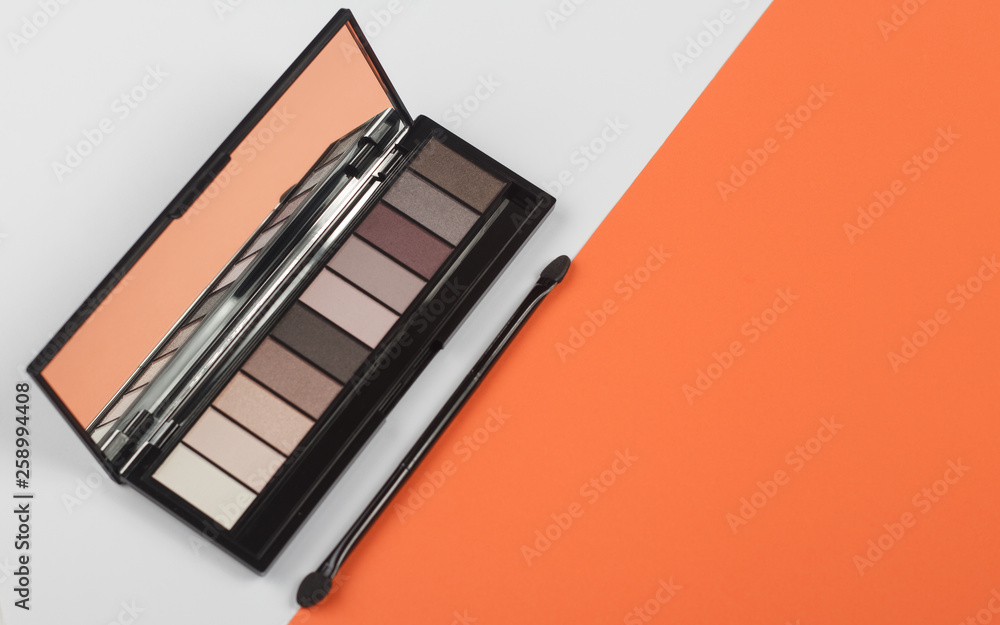 Eye Shadow and brush on white and orange background Eye Shadow and brush on white and orange background
