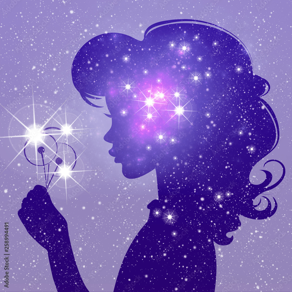 Face profile of cute young girl on stars sky.  Double exposure with silhouette of girls head, hand holds two dandelions with star. Illustration concept of youth and beauty.