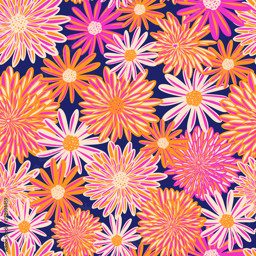 Bright Summer flowers seamless vector pattern. Pink orange white Daisy and Aster flowers on blue background. Contemporary seasonal floral repeat tile. Hand drawn spring summer design for fabric, decor
