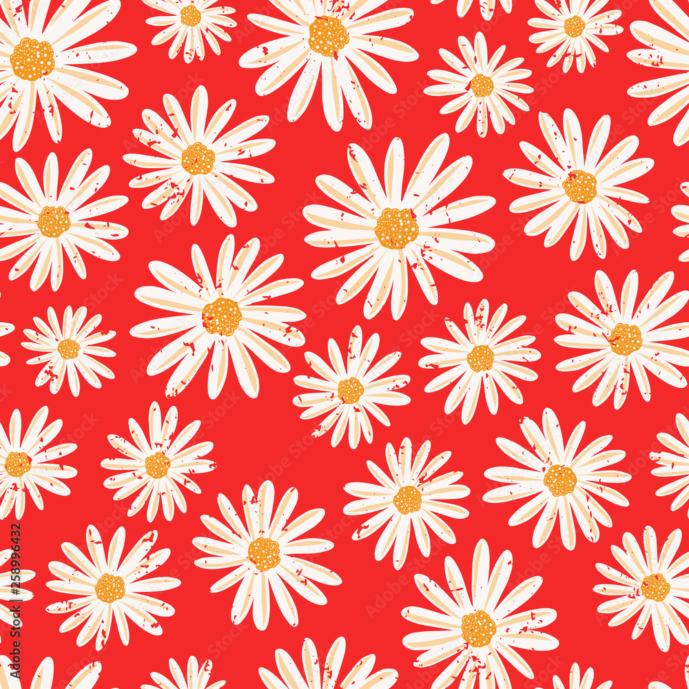 Daisy flowers seamless vector background. Distressed white vintage Chamomile flowers on red pattern. Contemporary seasonal ditsy floral repeat tile. Hand drawn retro design for fabric, decor, paper