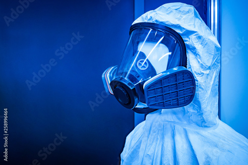 Outfit of gas mask with a panoramic mask. Filter respirator. Chemical protection. Respiratory protection against toxic substances. Personal protective equipment.