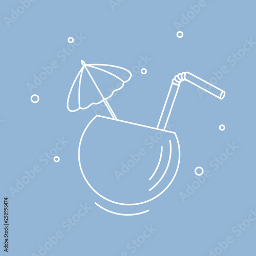 Stylized icon of the cocktail in half coconut, tube and umbrella. Travel and leisure.