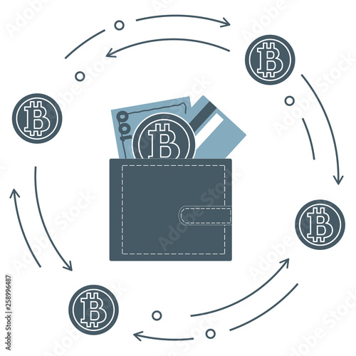 Purse with banknote, credit card and bitcoin.