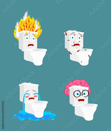 Toilet bowl emoji set. lavatory Smart and infected. Fire and crying. toilet Collection of situations