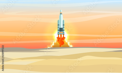 The space shuttle takes off over the desert. Space rocket launch. Landfill in the desert. Space travel. The study and exploration of space. Realistic Vector Landscape